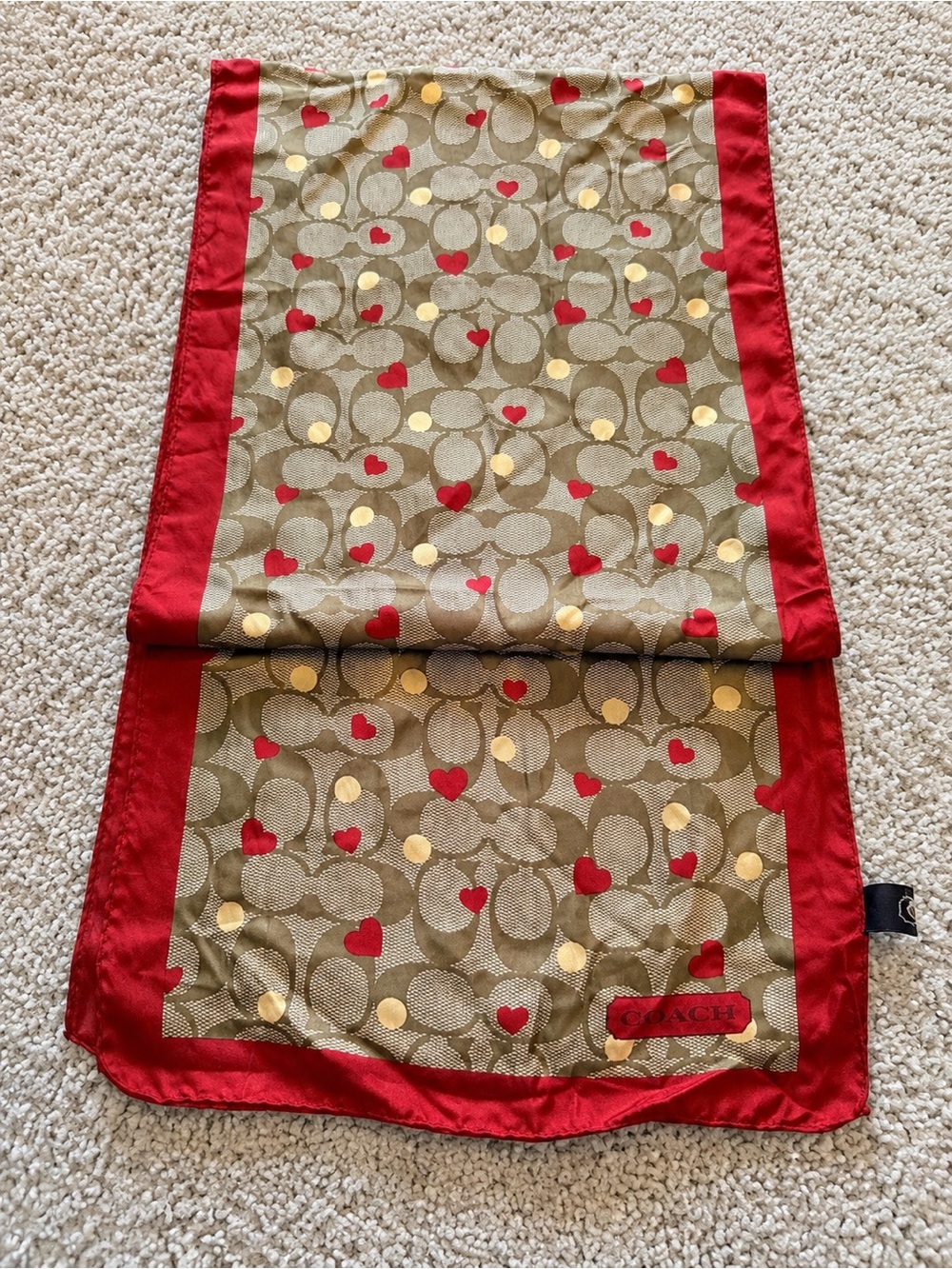 Coach Signature Hearts Silk Scarf – Red Trim Monogram Print Square Scarf - Picture 2 of 3